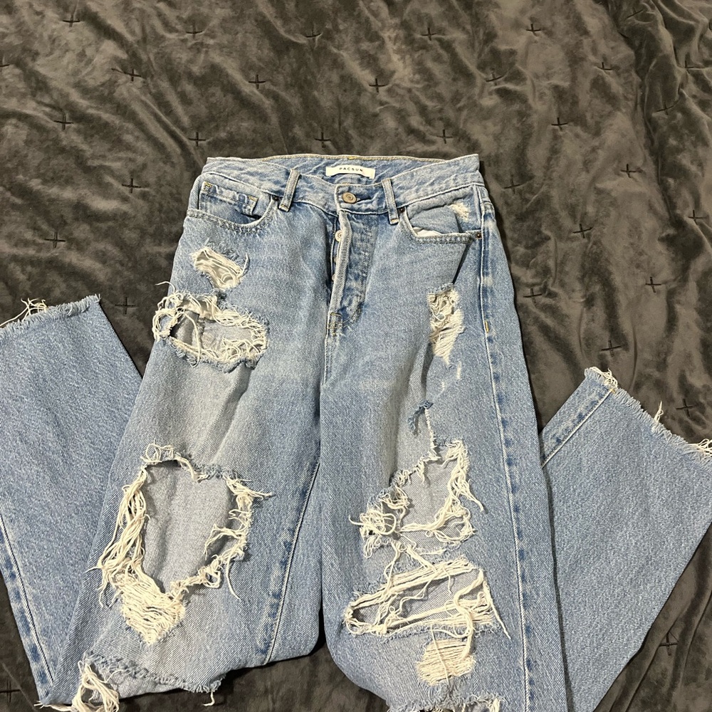 PacSun Blue Straight Leg Jeans with Distressed Details